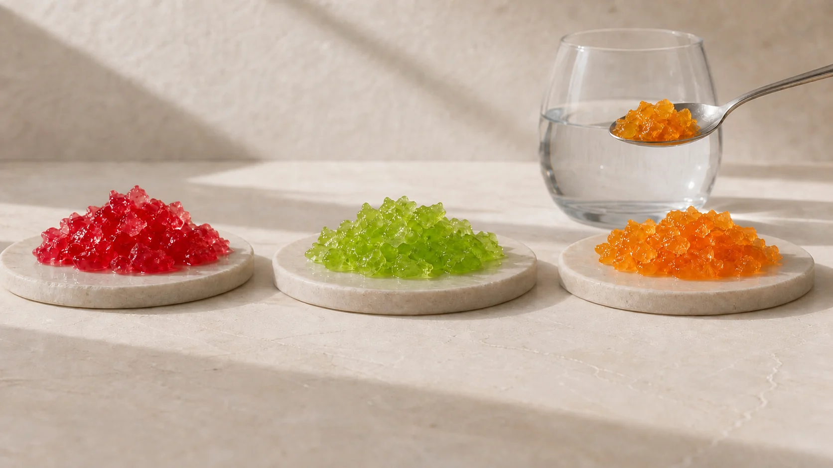 Textures de gelée framboise, pomme verte et tropicale avec un verre d’eau
